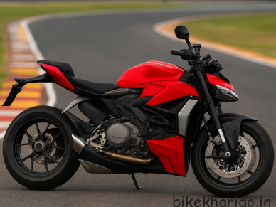 Ducati Streetfighter V2 on a race track with a sporty aerodynamic stance in red colour.