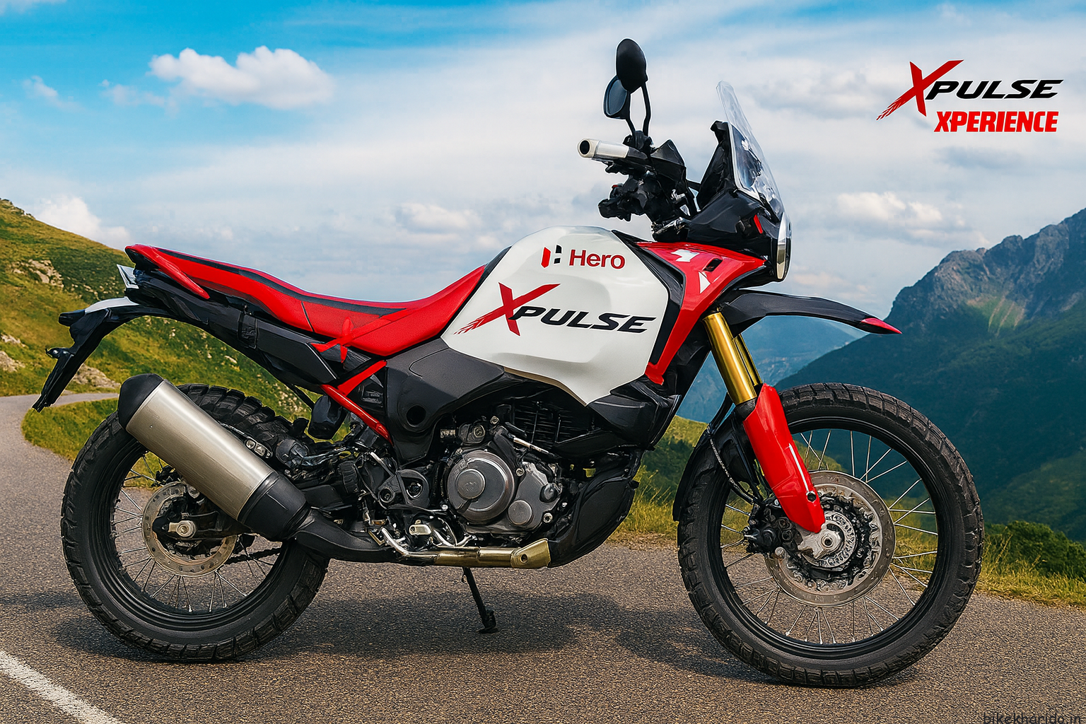 Hero XPulse adventure bike on a mountain road with scenic background